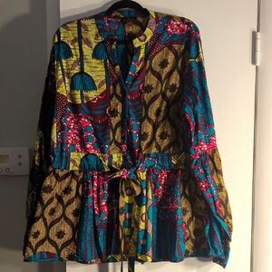 Chiamaka Long Sleeve Peplum Blouse with Sash (Teal Pink Multipattern)